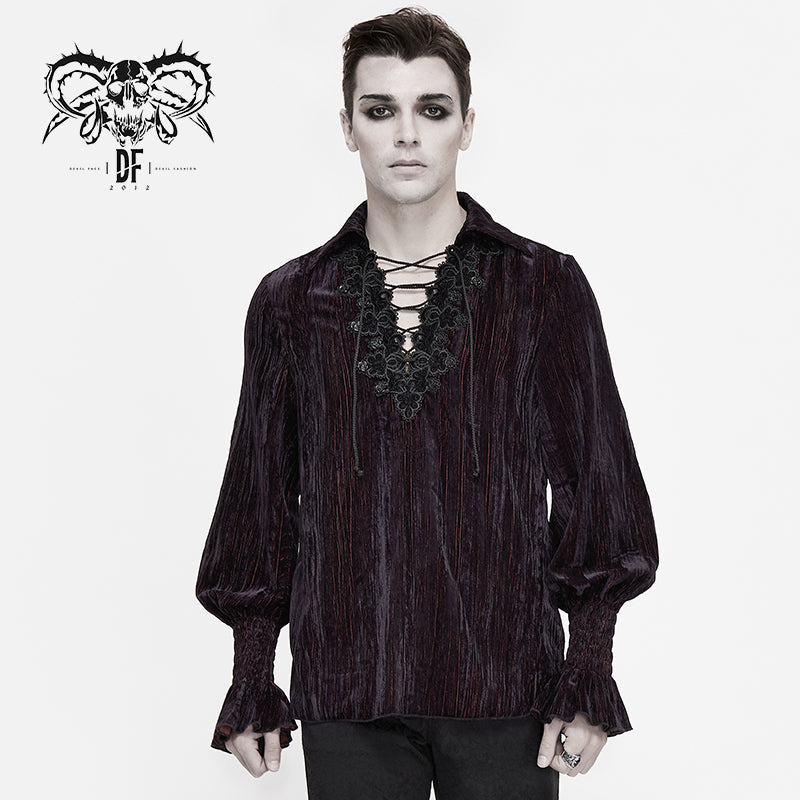 SHT062 black and red flocking lantern sleeve gothic loose version men velvet shirts