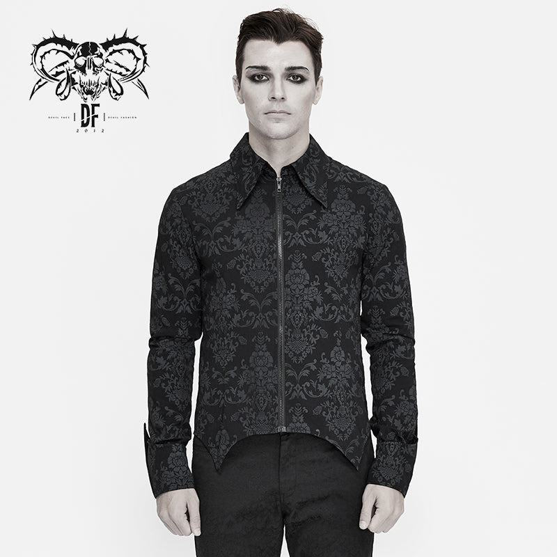 SHT058 fold over cuff Gothic palace pattern printed men basic style black men stretch shirts