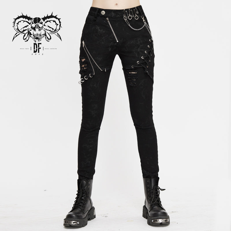 PT120 Spring punk streetwear printed stretch fitted women black pants with zippper