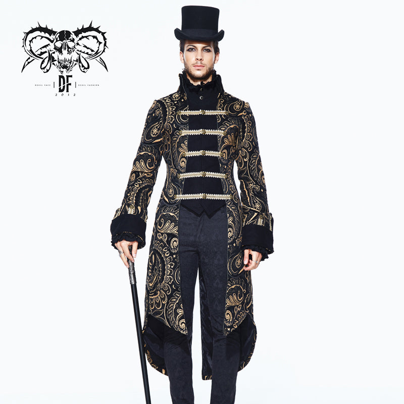 CT091 Pirate Costume gothic Paisley jacquard fake two pieces golden men long coat
