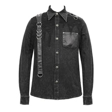 Load image into Gallery viewer, SHT049 Spring asymmetric design mesh spliced punk rock black men shirts with straps and pocket
