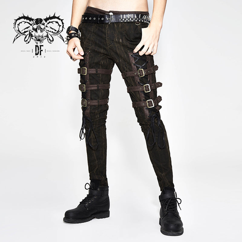 PT091 Steampunk multi-loops embroider lace up legs men trousers