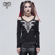 Load image into Gallery viewer, TT178 Devil sheep head printed long-sleeved off-the-shoulder T-shirt
