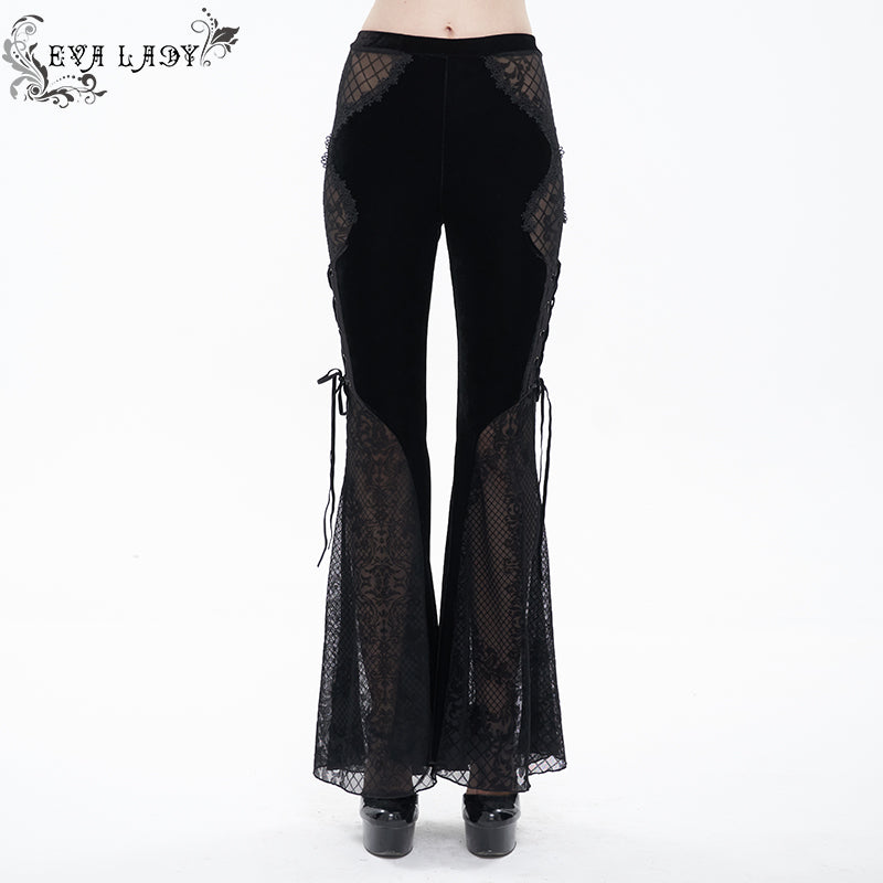 EPT009 stage see-through side laced up velvet flared black women gothic trousers