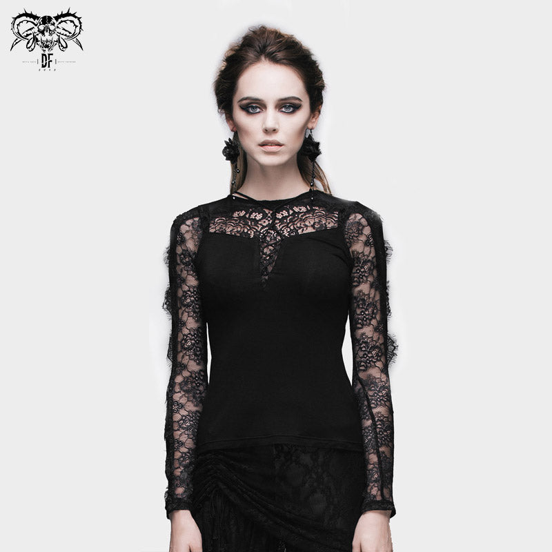 TT012 Daily life Gothic pattern lace sleeves tied with rope sexy women T-shirts