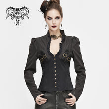 Load image into Gallery viewer, SHT053 Black and coffee Steampunk striped low collar bare breast sexy women blouse
