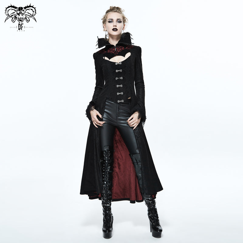 CT07302 Black and red floral high collar embroidered women dress coat