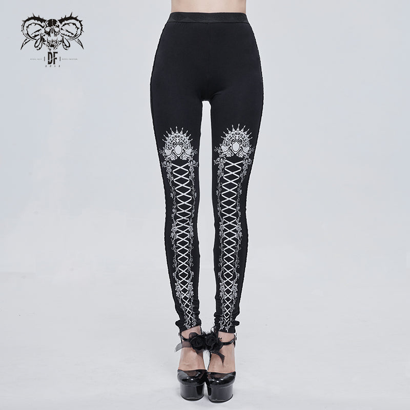 PT14701 White lace tie-rope pattern printed leggings