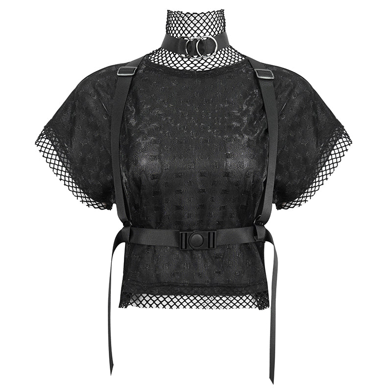 TT230 Cyberpunk black mesh Turtleneck Short Sleeve Women's T-Shirt