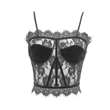 Load image into Gallery viewer, CST005 Summer sexy ladies transparent lace velvet short black suspender vest
