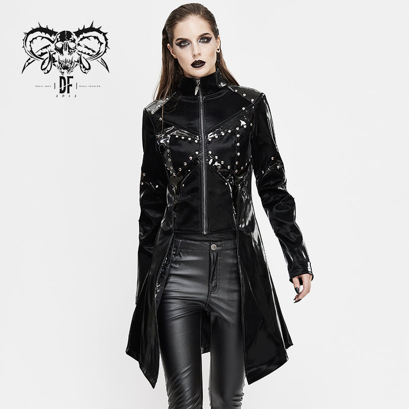 CT163 Cyber punk nailed zipper up black bright leather women long coat