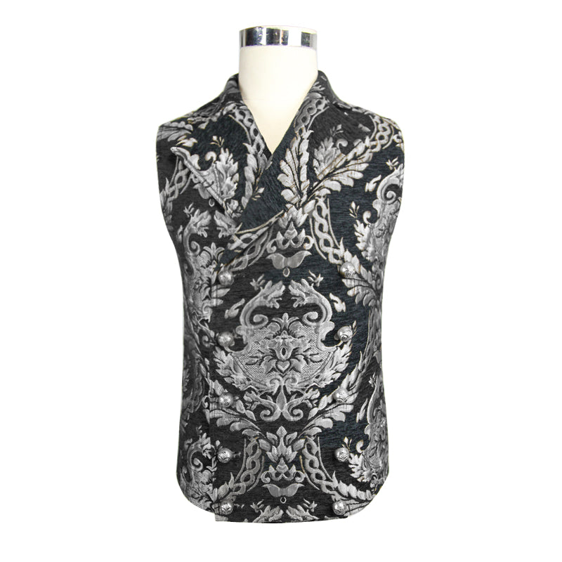 WT01302 Gothic high quality western fashion black and silver palace floral men short waistcoats