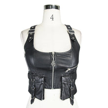 Load image into Gallery viewer, WT01001 Women black and silver punk short faded leather waistcoat with pockets
