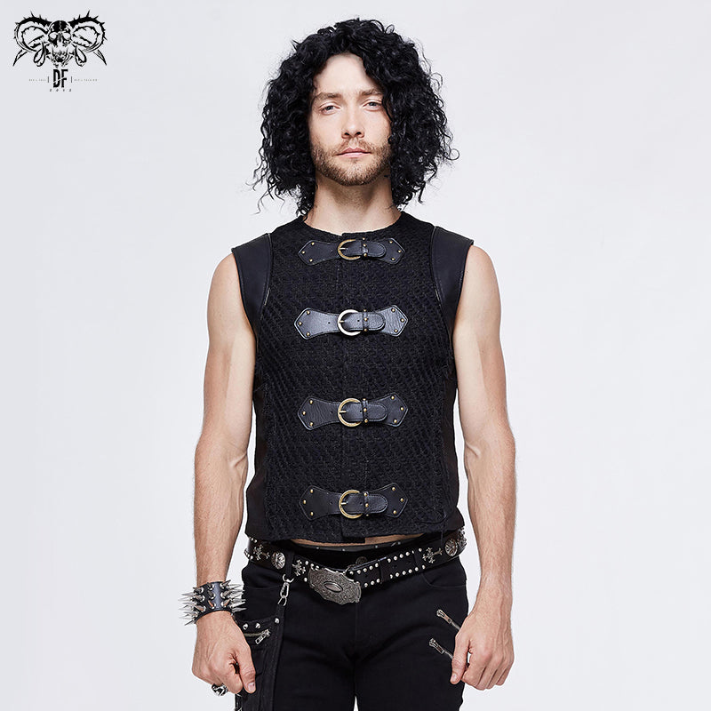 WT035 Men coarse texture woolen patchwork punk leather waistcoat with loops