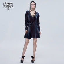 Load image into Gallery viewer, SKT141 daily life Black and red deep V neck sexy girls velvet loose lace belted dress
