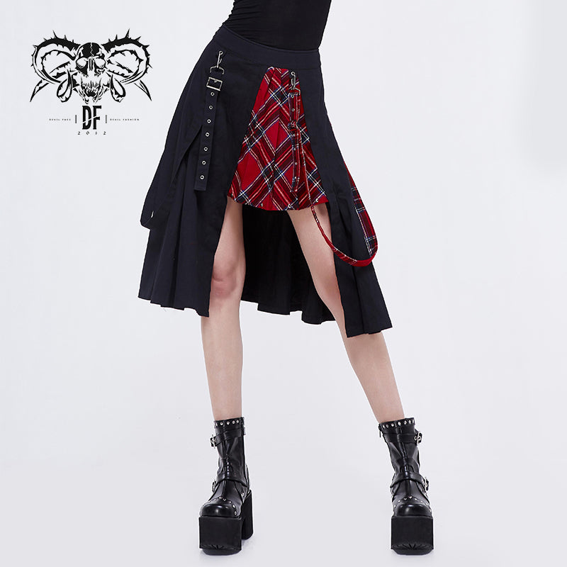 SKT082 daily life young girls fake 2 pieces black and red Scottish plaid overskirt with adjust loops