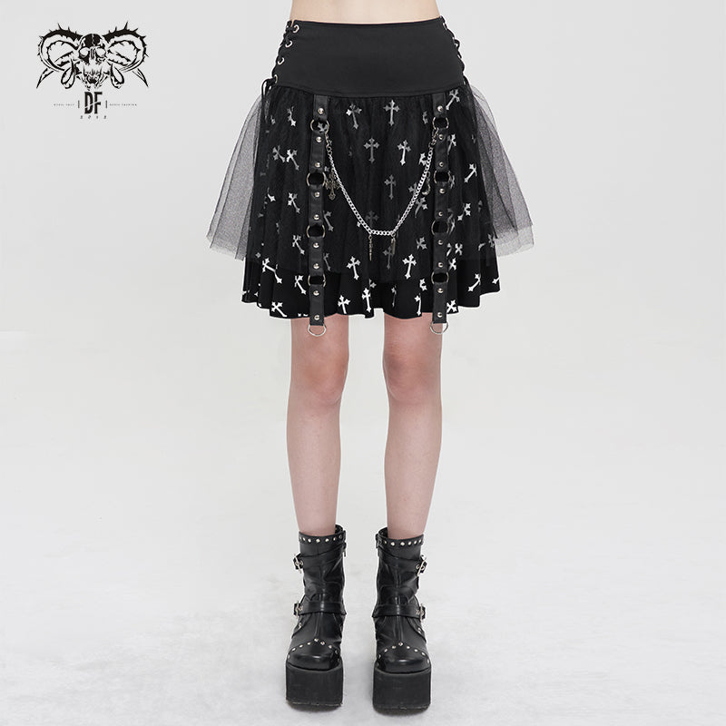 SKT15702 punk women black and white cross printed skirt