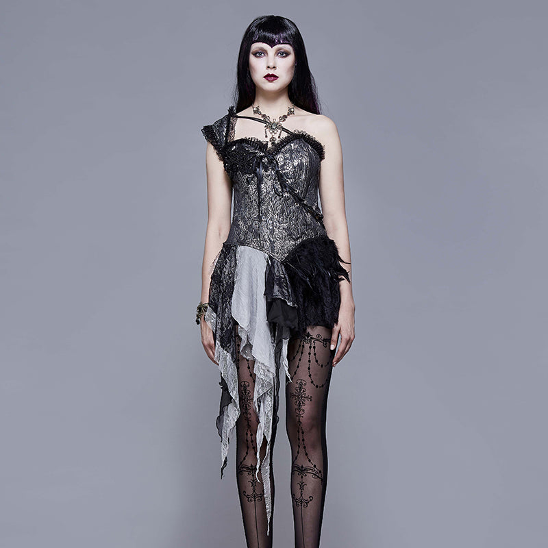 ECST002 Black and silver irregular chiffon lace and ruffles hem corset with shoulder strap