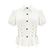 Load image into Gallery viewer, SHT044 Summer Steampunk short puff sleeve women cotton and linen tying white blouse
