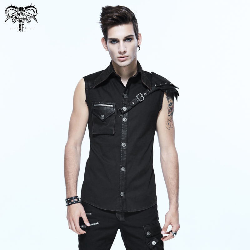 SHT02901 daily life punk rock men black sleeveless shirts with one shoulder armor