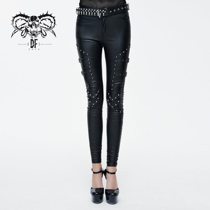 PT056 Sexy women rivets studded skinny coarse-grain leather pants with adjusted loops