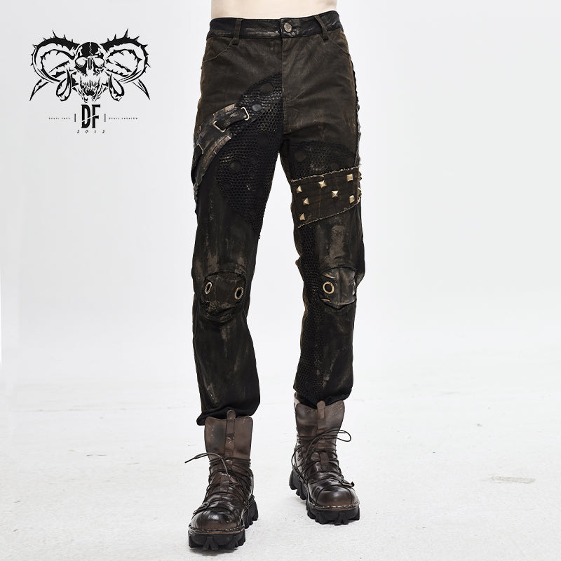 PT117 metallic spiked brown ragged steampunk slim men trousers
