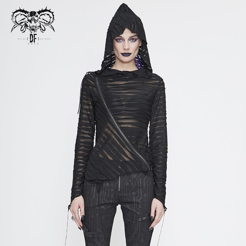 TT147 Two-wear basic hooded T-shirt with diagonal zipper