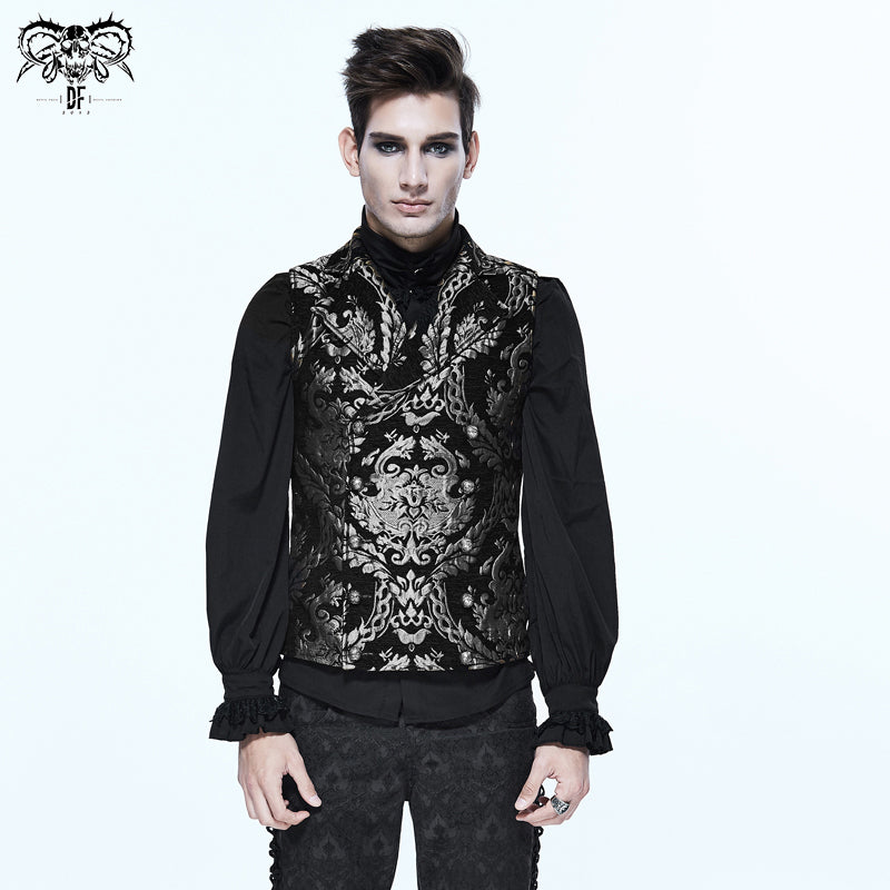 WT01302 Gothic high quality western fashion black and silver palace floral men short waistcoats