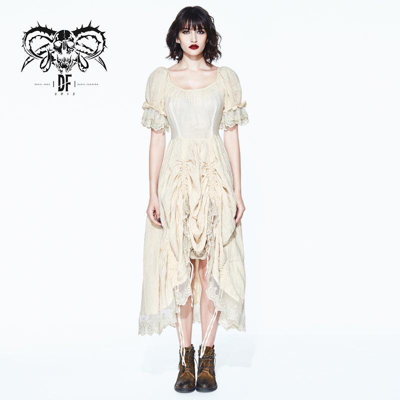 SKT077 creamy white steampunk Victoria vintage drawstring embroidered lace women long dress