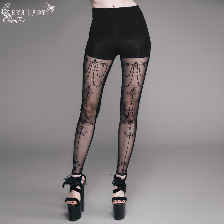 EPT003 witch elastic waistband flocking printed transparent stretchy mesh sexy women leggings