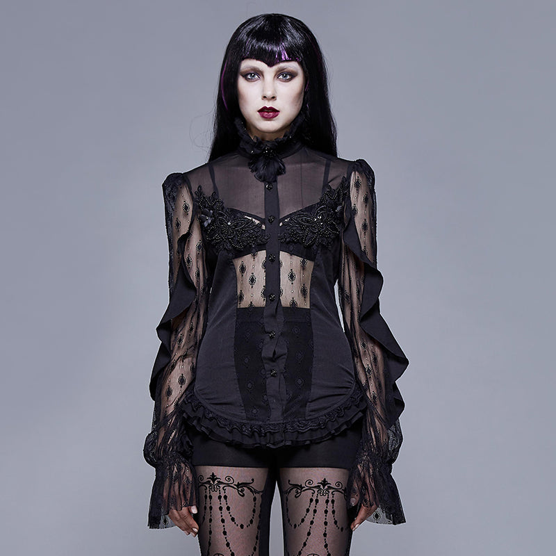 ESHT005 See through diamond pattern lace sexy ladies gothic chiffon blouse with beaded flower