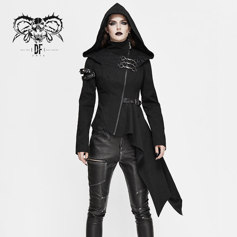 CT157 asymmetrical women black zipper up punk hooded jacket
