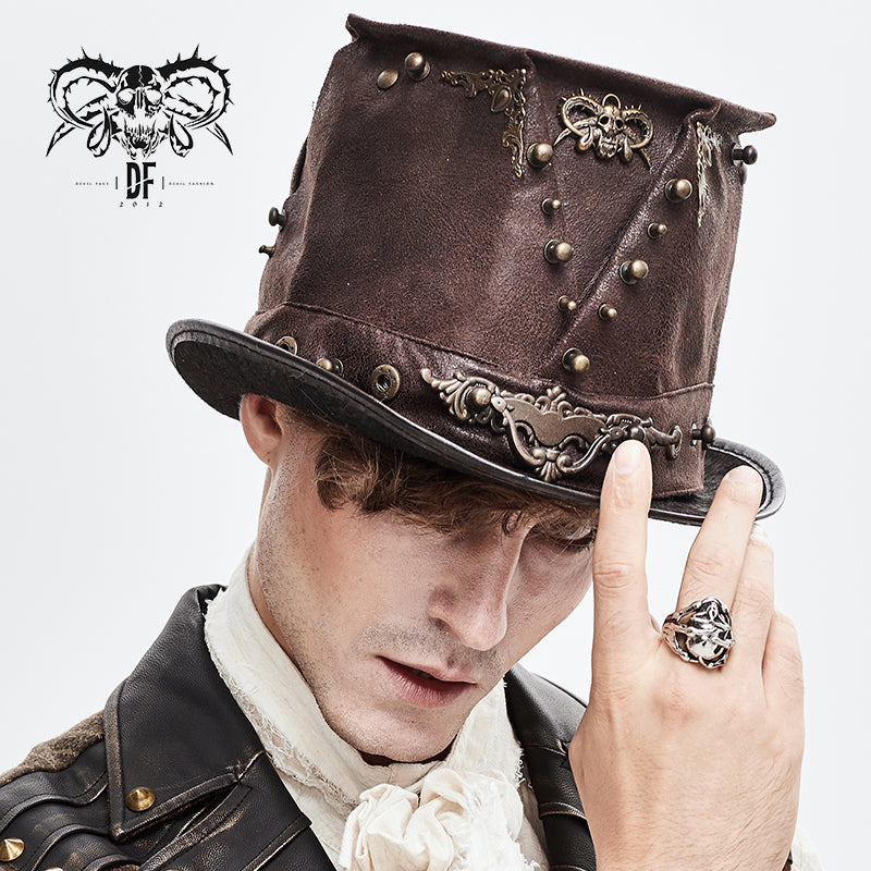 AS060 Steampunk metallic brown unisex spiked leather top hat