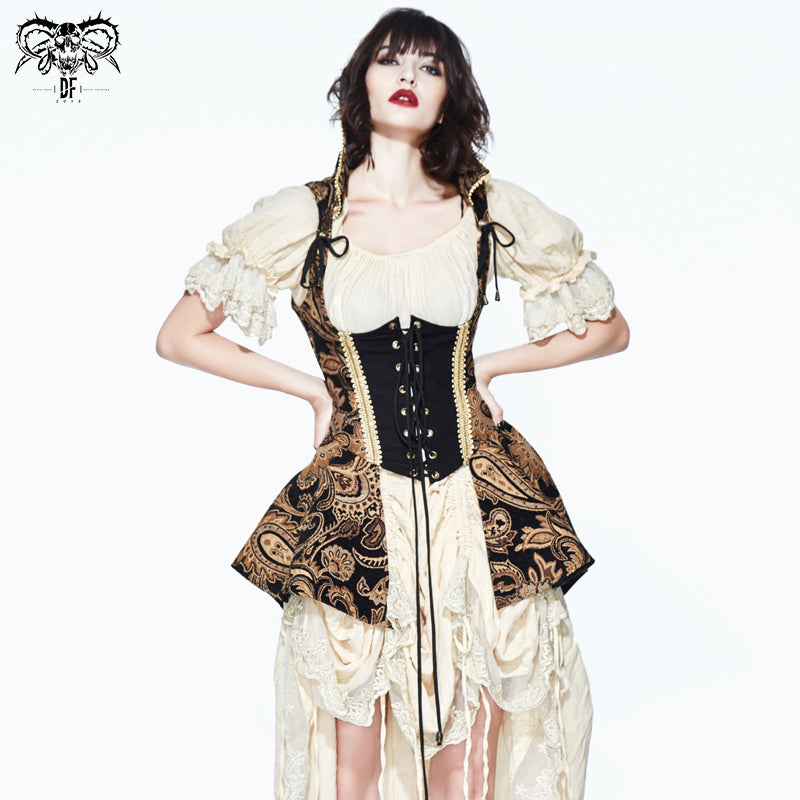 WT018 apricot paisley printing bare breast elegant women lace up gothic waistcoat