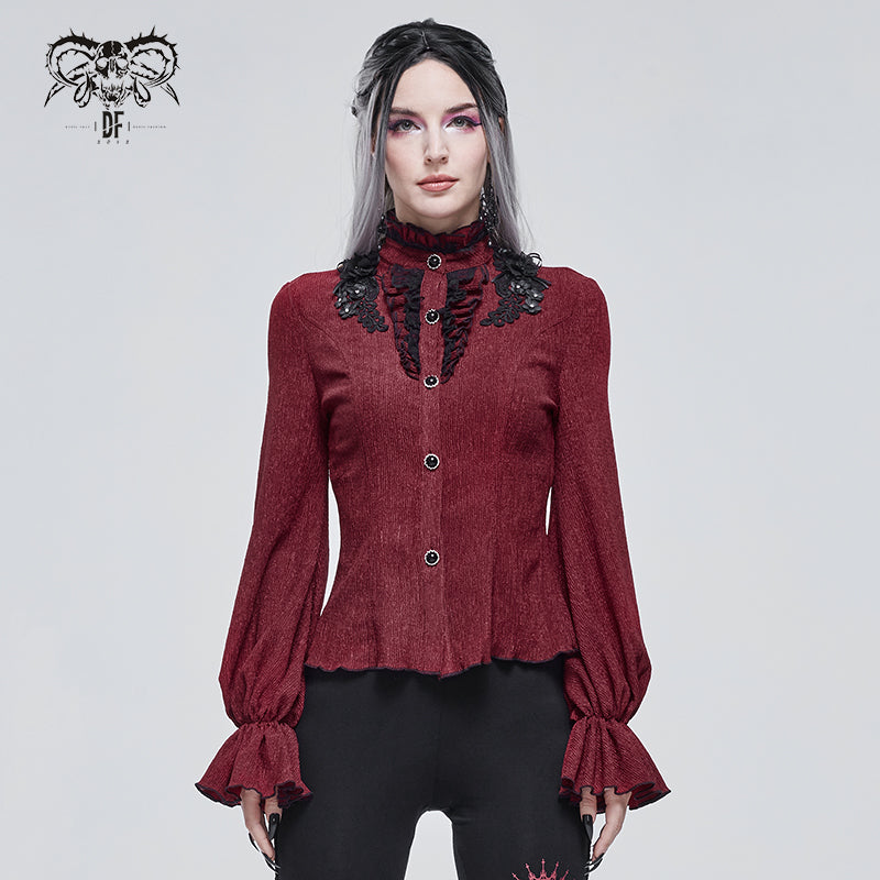 SHT07602 red daily flowers shoulder flared sleeves striped laced up gothic sexy women blouse