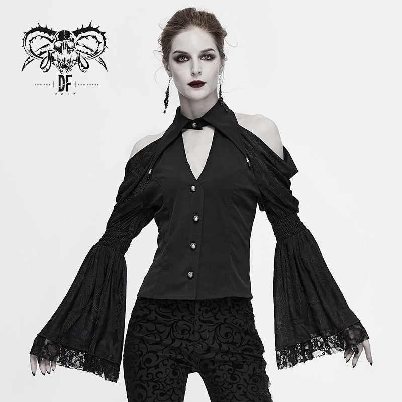 SHT051 daily fancy costume sexy ladies Gothic off the shoulder flare sleeves V-neck shirts