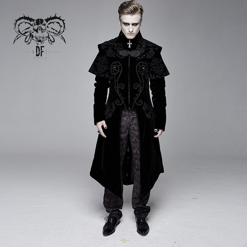CT13401 Hand-embroidered cape collar black velveteen gothic coat for men