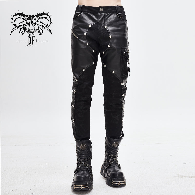 PT115 patchwork asymmetric rivet studded punk leather men trousers
