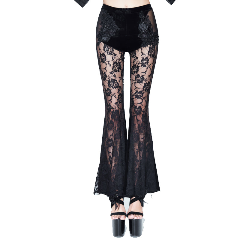 EPT005 transparent rose patterned lace velvet stretchy bell-bottom pants with flowers