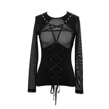 Load image into Gallery viewer, TT130 perspective pentagram chest black mesh punk women T-shirt with ribbons
