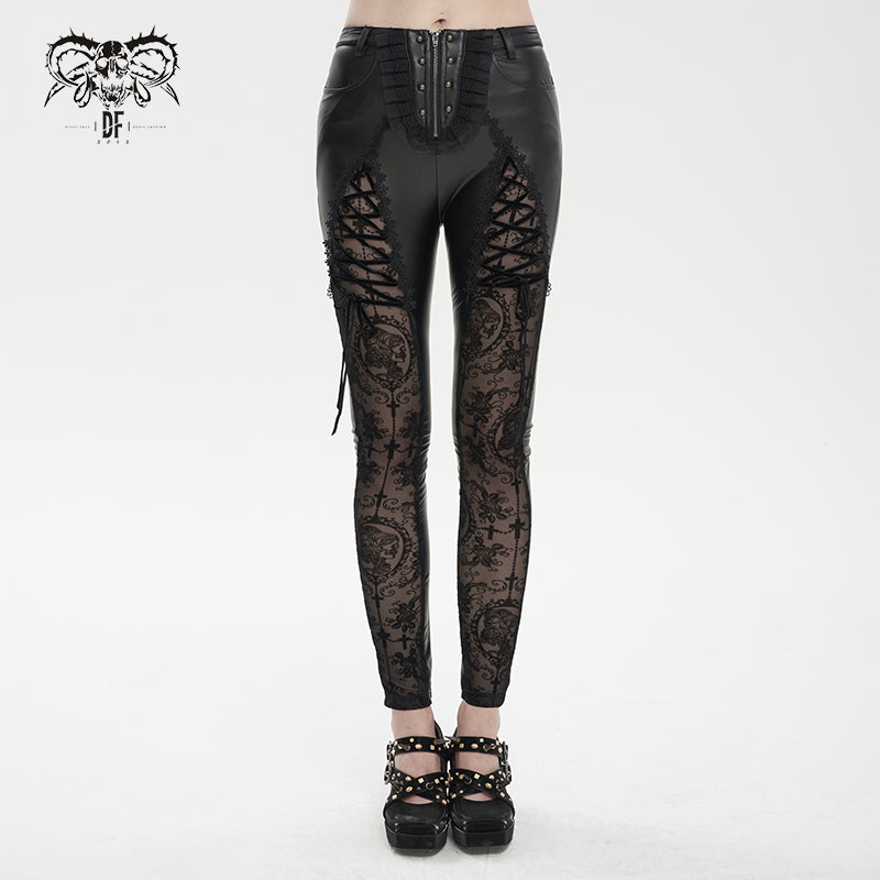 PT202 Queen Flocked laced up Goth Leggings