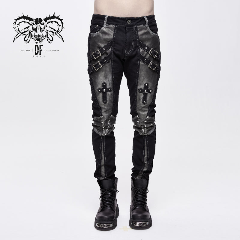 PT10401 designer punk contrast color hand rubbed leather men trousers with loops