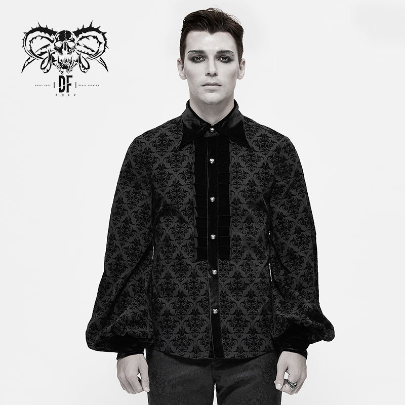 SHT059 Gothic black court pattern flocking floral patterned men basic style velvet shirts