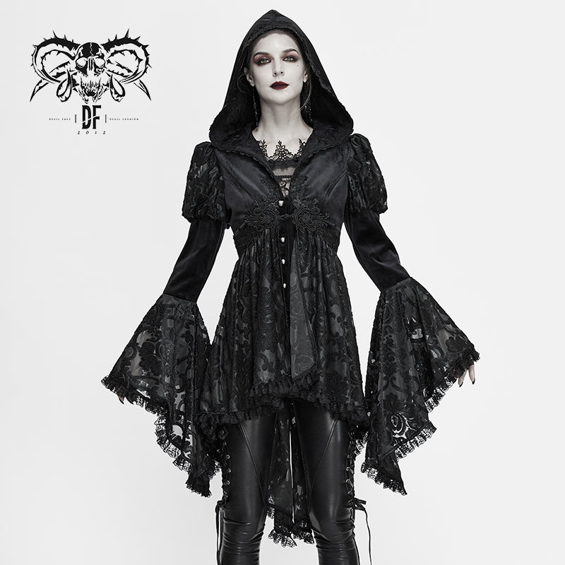 CT166 Gothic flower mesh fake two pieces flared sleeves women hooded coats