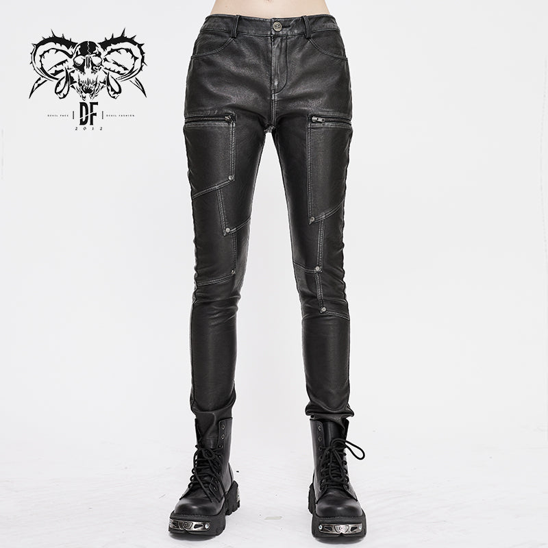 PT130 punk biker block-shaped patchwork hand-rubbed gray women leather pants