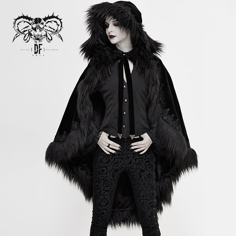 CA019 Gothic fashion women winter warm velvet fur hood black loose cloak