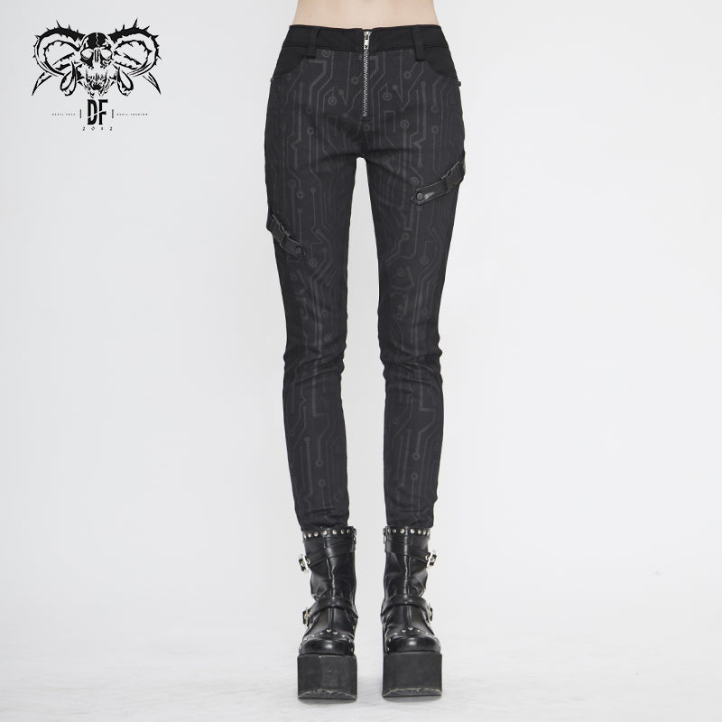 PT142 Cyberpunk circuit printed leather loops women pants