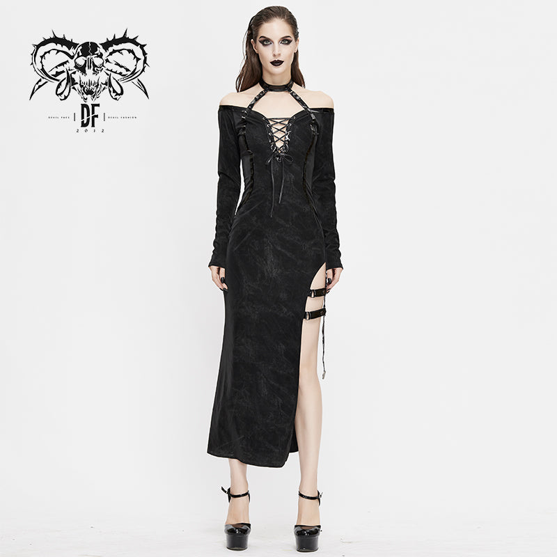 SKT112 club punk side high fork sexy ladies slim fit long dress with chocker