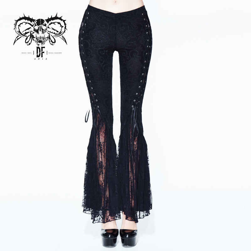 PT084 Women pleated palace pattern velveteen lace bell-bottomed pants