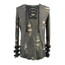 Load image into Gallery viewer, TT099 Autumn everyday wear men black and apricot broken holes punk long sleeves T-shirt
